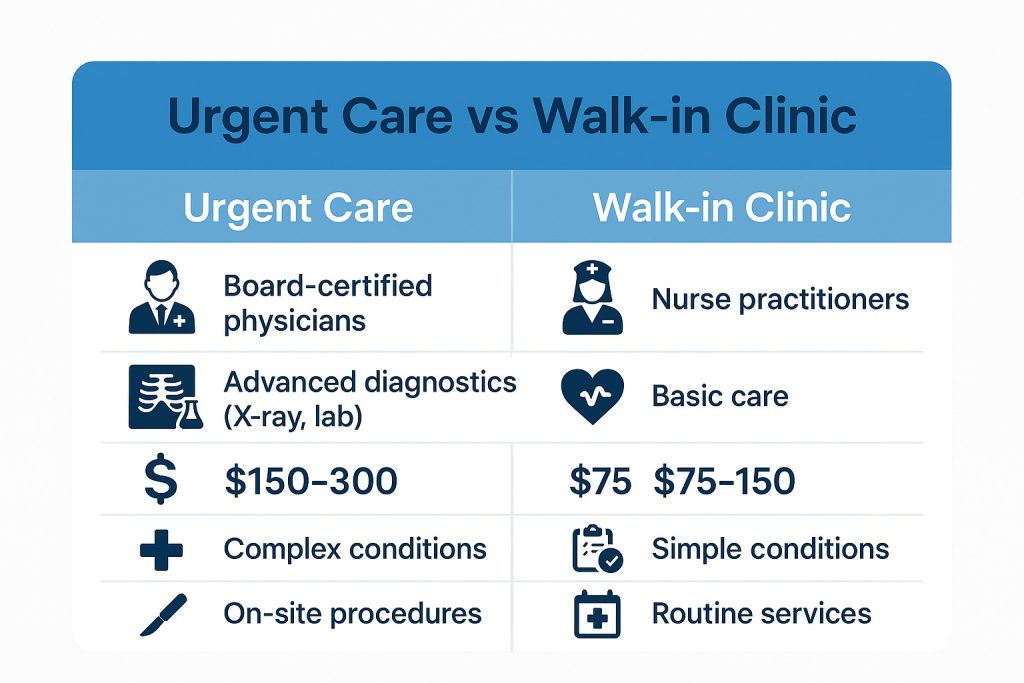 Urgent Care vs Walk in Clinics - Comparison Table
